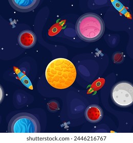 Patrón sin fisuras de dibujos animados.  Diseño lindo para la tela de los niños y el papel de embalaje. Planetas y estrellas en el espacio abierto. Escena infantil de galaxias. Ilustración vectorial de dibujos animados.