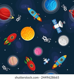 Space cartoon seamless pattern.  Cute design for kids fabric and wrapping paper. Planets and stars in the open space. Childish galaxy scene. Space cartoon vector illustration.