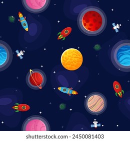 Space cartoon seamless pattern.  Cute design for kids fabric and wrapping paper. Planets and stars in the open space. Childish galaxy scene. Space cartoon vector illustration.