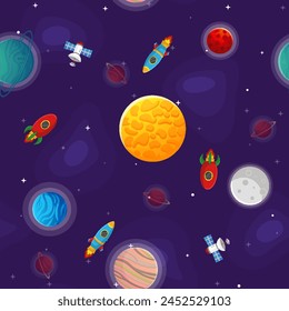 Space cartoon seamless pattern.  Cute design for kids fabric and wrapping paper. Planets and stars in the open space. Childish galaxy scene. Space cartoon vector illustration.