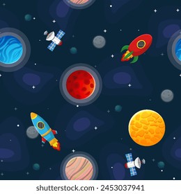 Space Cartoon nahtloses Muster.  Nettes Design für Kindergewebe und Wickelpapier. Planeten und Sterne im offenen Raum. In: Childish Galaxy Scene. In: Space Cartoon Vektorillustration.