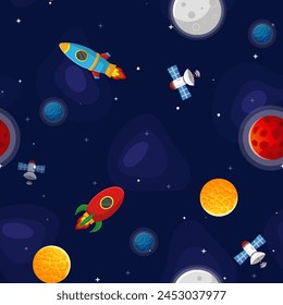 Patrón sin fisuras de dibujos animados.  Diseño lindo para la tela de los niños y el papel de embalaje. Planetas y estrellas en el espacio abierto. Escena infantil de galaxias. Ilustración vectorial de dibujos animados.