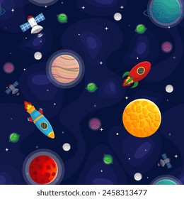 Space cartoon seamless pattern.  Cute design for kids fabric and wrapping paper. Planets and stars in the open space. Childish galaxy scene. Space cartoon vector illustration.