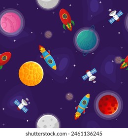 Space cartoon seamless pattern.  Cute design for kids fabric and wrapping paper. Planets and stars in the open space. Childish galaxy scene. Space cartoon vector illustration.