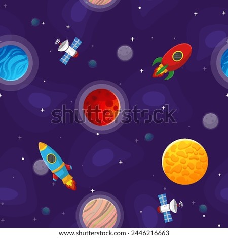 Space cartoon seamless pattern.  Cute design for kids fabric and wrapping paper. Planets and stars in the open space. Childish galaxy scene. Space cartoon vector illustration.