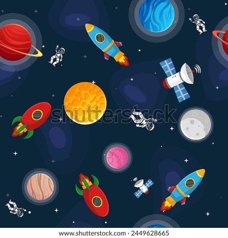 Space cartoon seamless pattern.  Cute design for kids fabric and wrapping paper. Planets and stars in the open space. Childish galaxy scene. Space cartoon vector illustration.