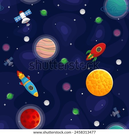 Space cartoon seamless pattern.  Cute design for kids fabric and wrapping paper. Planets and stars in the open space. Childish galaxy scene. Space cartoon vector illustration.