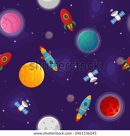 Space cartoon seamless pattern.  Cute design for kids fabric and wrapping paper. Planets and stars in the open space. Childish galaxy scene. Space cartoon vector illustration.