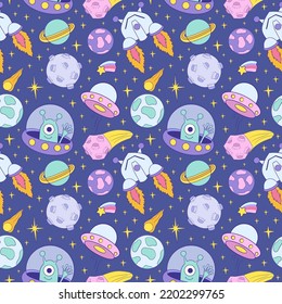  space cartoon seamless pattern vector illustration. Space travel and exploration.