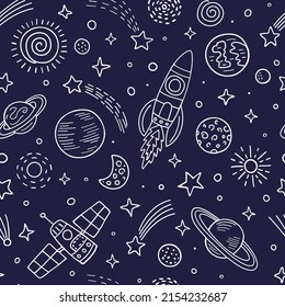 Space cartoon seamless pattern. White contour line on dark background. Vector illustration