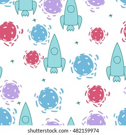 Space cartoon. Seamless repeating pattern. Abstract planet, stars and rocket on a white background. Print wallpaper, postcards, paper.
