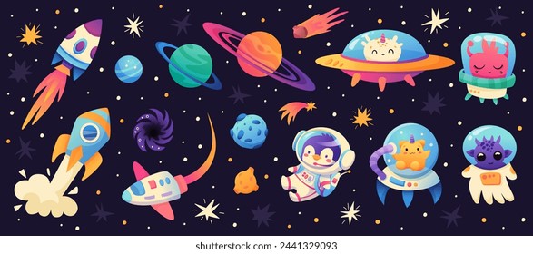 Space cartoon set with astronaut penguin, Aliens, Spacecraft, Planets on space background. Galaxy Adventure. Vector illustration.