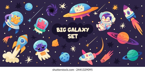 Space Cartoon Set mit Astronautenpinguin, Aliens, Raumfahrzeug, Planeten auf Weltraum Hintergrund. In: Galaxy Adventure. Vektorgrafik.