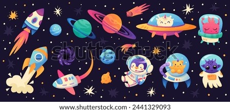 Space cartoon set with astronaut penguin, Aliens, Spacecraft, Planets on space background. Galaxy Adventure. Vector illustration.