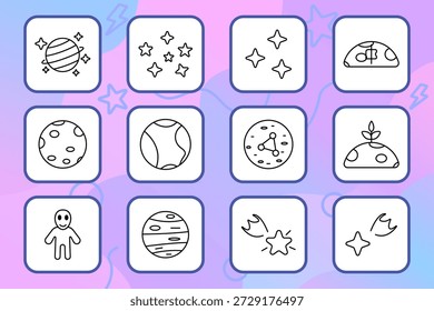 Symbol für Space-Zeichentricksatz. Planet, Mond, Stern, Alien, Meteor, Galaxie, Raum, Umlaufbahn, Oberfläche, Glanz, Astronomie, Asteroid, Kosmos, Solar, UFO, funkeln, Entdeckung, Astronaut, Fantasie, Erforschung