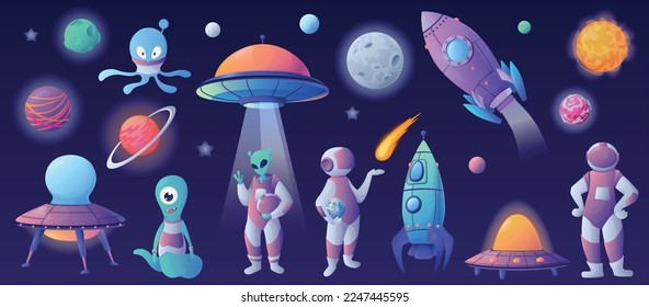 Dibujo espacial con íconos aislados de planetas de cohetes y personajes graciosos de astronautas alienígenas ilustraciones vectoriales