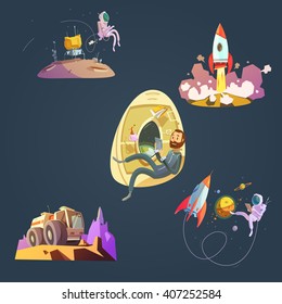 Space cartoon set with spaceship cosmonaut and planet isolated vector illustration 