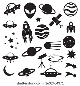 Space cartoon set. Spaceship, rocket, star, planet, comet, alien, constellation isolated on white background.