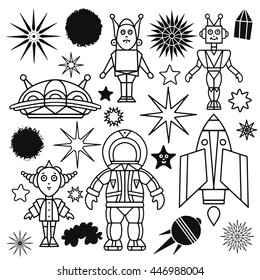 Space cartoon set. Spaceship, rocket, star, space suit, star, planet, alien, spaceman, hand drawn isolated on white background 