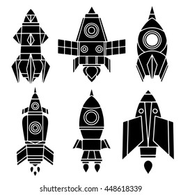 Space cartoon set. Spaceship, rocket, hand drawn black silhouettes isolated on white background 
