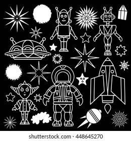 Space cartoon set. Spaceship, rocket, star, space suit, star, planet, alien, spaceman, white hand drawn isolated on black board background 