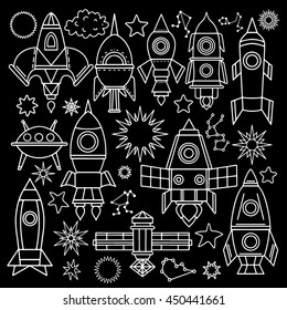 Space cartoon set. Spaceship, rocket, star, planet, sun hand drawn isolated on on blackboard background