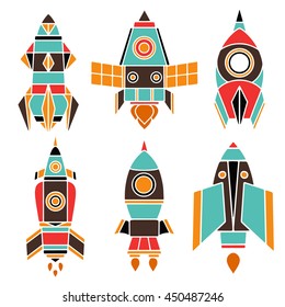 Space cartoon set. Spaceship, rocket, hand drawn isolated on white background 