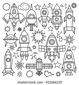 Space cartoon set. Spaceship, rocket, star, planet, sun hand drawn isolated on white background 