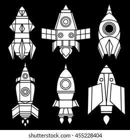 Space cartoon set. Spaceship, rocket, hand drawn isolated on  blackboard background