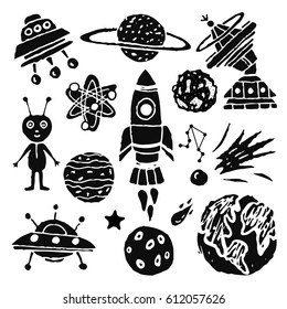 Space cartoon set. Spaceship, rocket, star, planet, comet, alien, constellation hand drawn isolated on white background