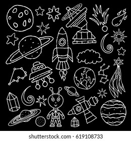 Space cartoon set. Spaceship, rocket, star, comet, planet, satellite, alien hand drawn. White lines isolated on black background