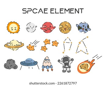 Space cartoon set vector : moon, constellations, stars, meteor, asteroid, earth, planets,  ufo, astronauts, rocket, sun.