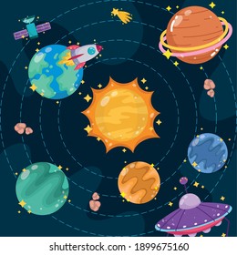 space cartoon solar system planets sun and spaceship explore vector illustration