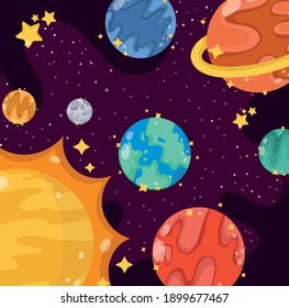 space cartoon solar system planets sun moon stars galaxy vector illustration