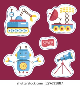 Space cartoon stickers. Exploration rovers, angry robot with claws, telescope on stand vector illustrations isolated on red background. Counters or tokens for table games, price tags