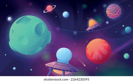 Composición de estilo de dibujos animados espaciales con un paisaje de neón brillante en el espacio ultraterrestre y planetas coloridos con ilustraciones vectoriales voladoras