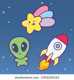 Icono de arte del vector de dibujos espaciales. Dibujo gráfico con tema espacial para los niños