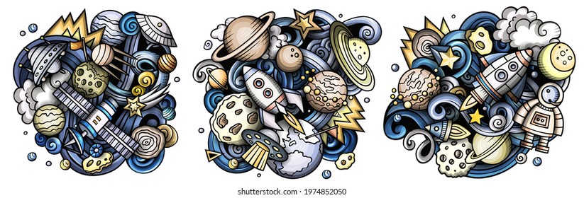 Space cartoon vector doodle designs set. Colorful detailed compositions with lot of cosmic objects and symbols. Isolated on white illustrations