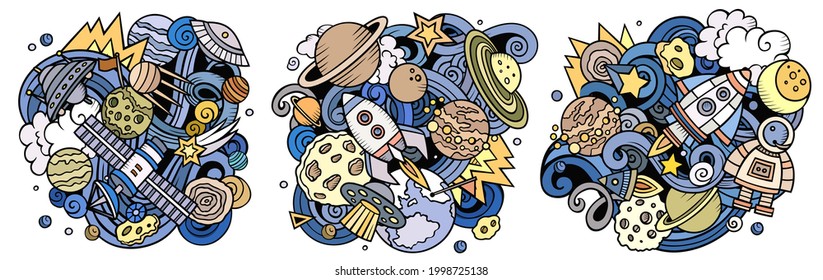 Diseños de doodles vectoriales de dibujos animados espaciales. Coloridas composiciones detalladas con muchos objetos y símbolos cósmicos. Isolación en ilustraciones blancas