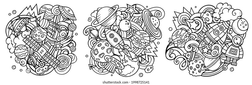 Space cartoon vector doodle designs set. Sketchy detailed compositions with lot of cosmic objects and symbols. Isolated on white illustrations