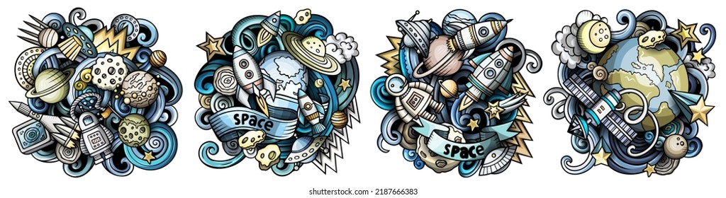 Space cartoon vector doodle designs set. Colorful detailed compositions with lot of cosmic objects and symbols. Isolated on white illustrations