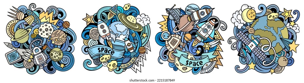 Space cartoon vector doodle designs set. Colorful detailed compositions with lot of cosmic objects and symbols. Isolated on white illustrations