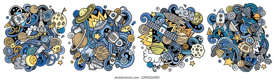 Space cartoon vector doodle designs set. Colorful detailed compositions with lot of cosmic objects and symbols. Isolated on white illustrations