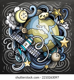 Space cartoon vector illustration. Chalkboard detailed composition with lot of Cosmos objects and symbols. All items are separate
