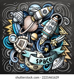 Space cartoon vector illustration. Chalkboard detailed composition with lot of Cosmos objects and symbols. All items are separate