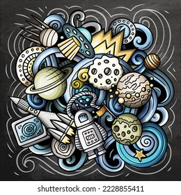 Space cartoon vector illustration. Chalkboard detailed composition with a lot of Cosmos objects and symbols. All items are separate