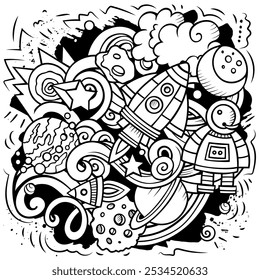 Space cartoon vector illustration. Chalkboard detailed composition with lot of Cosmos objects and symbols. All items are separate