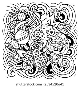 Space cartoon vector illustration. Chalkboard detailed composition with lot of Cosmos objects and symbols. All items are separate