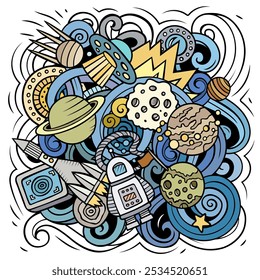 Space cartoon vector illustration. Chalkboard detailed composition with lot of Cosmos objects and symbols. All items are separate