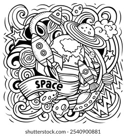 Space cartoon vector illustration. Chalkboard detailed composition with lot of Cosmos objects and symbols. All items are separate